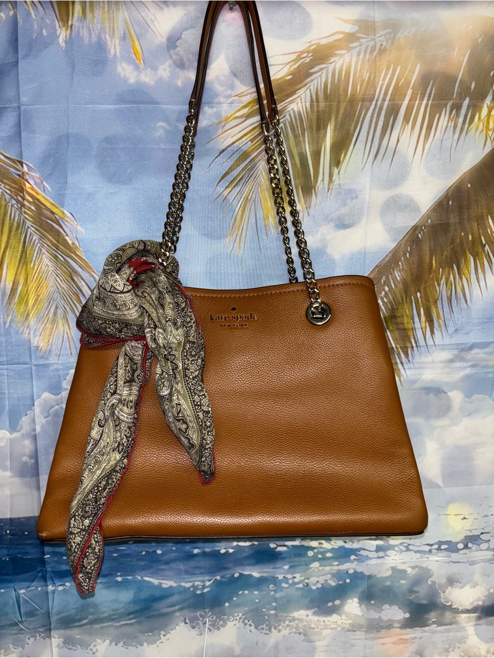 kate spade Brown Pebbled Leather Shoulder Bag with Scarf Accent